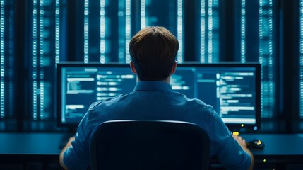 Poster - Technician Monitoring Critical Training Servers on Computer Display