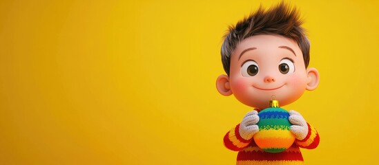 Wall Mural - Joyful 3D Cartoon Kid in Cozy Sweater and Knitted Gloves Holding a Colorful Christmas Ornament on a Bright Yellow Background