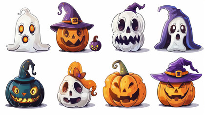 Wall Mural - Cute Spooky Set of Halloween Monsters and Characters in Cartoon Style - Digital Art on White Background