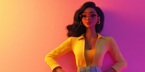 Poster - Stylish 3D cartoon female character posing in a vibrant studio Glamour and fashion scene