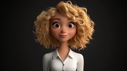 Wall Mural - Stylish 3D cartoon girl with curly blonde hair wearing a white shirt against a dark gray backdrop