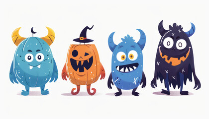 Wall Mural - Cute and Spooky Set of Halloween Monsters and Characters in Cartoon Style - Digital Art on White Background