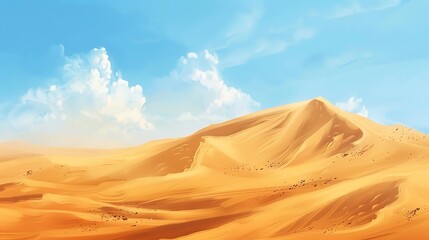 Sticker - A serene desert landscape with rolling sand dunes under a blue sky and fluffy clouds.