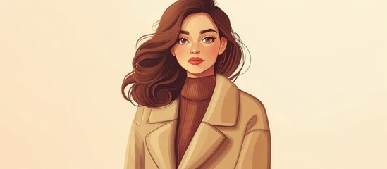 Poster - Stylish young cartoon lady poses in a cozy beige coat