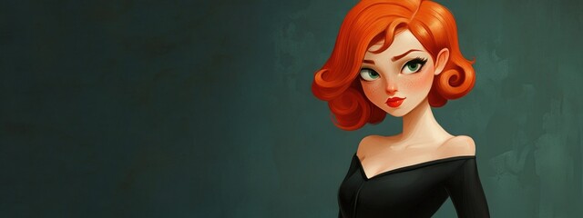 Wall Mural - Stylish young cartoon character in a classic little black dress with vibrant red hair