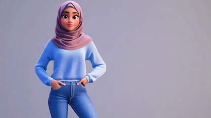 Wall Mural - Trendy 3D cartoon female character in blue jeans long sleeve sweatshirt and hijab on a grey backdrop Hip Muslim hijab fashion lifestyle illustration