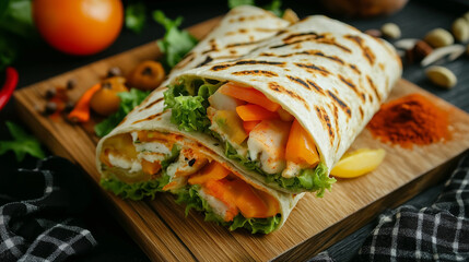 Grilled vegetarian burritos with fresh vegetables on a plate