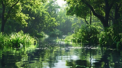 Sticker - A serene river scene surrounded by lush greenery and reflections in calm water.