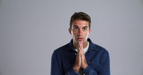 Aufkleber - Man, thinking and praying hands in studio for problem, doubt and confused idea by gray background. Person, mistake or prayer in question with questions, contemplation or frustration by mockup space