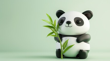 Wall Mural - A cute cartoon panda holding a bamboo stalk on a light green background.