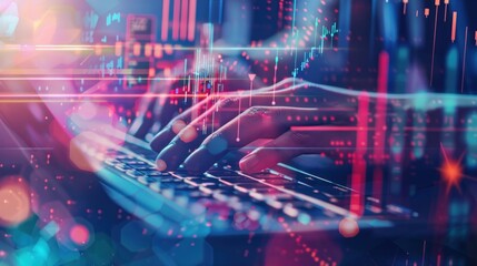 Poster - Hands Typing on Keyboard with Stock Market Data Overlay