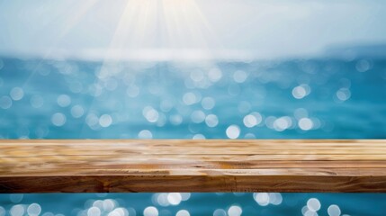 wooden tabletop over blurry ocean background