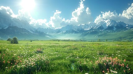 Sticker - A serene landscape featuring mountains, lush greenery, and colorful wildflowers under a bright sky.