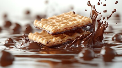 Wall Mural - Two crispy wafers with chocolate filling  splash into a pool of melted chocolate and chocolate balls.