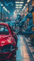 Poster - A red car is being worked on by a robot. The car is in a factory setting with other cars and machinery. The robot is using its arms to manipulate the car, possibly for repairs or assembly
