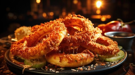 Sticker - Delicious crispy onion rings, black and blur background