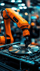 Poster - A robot is working on a disk drive. The robot is orange and is surrounded by other robots
