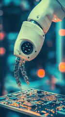 Poster - A robot is working on a circuit board. The robot is white and has a blue face