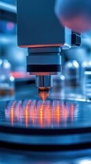 Poster - A microscope is being used to examine a small object. The object is glowing red, and the microscope is focused on it. Concept of curiosity and scientific exploration