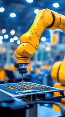 Poster - A robot is drilling into a circuit board. The robot is yellow and has a drill in its hand. The scene is set in a factory or workshop
