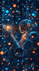Poster - A robot is holding a glowing object in its hand. The robot is surrounded by a lot of glowing dots, giving the image a futuristic and otherworldly feel