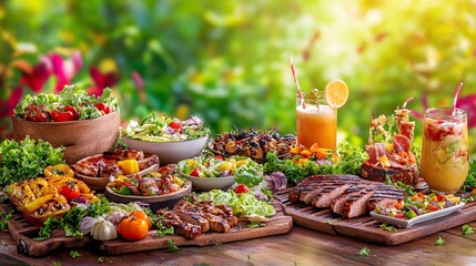 Wall Mural - Delicious grilled food and fresh salads for a summer barbecue party on a wooden table.