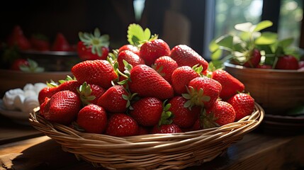 Wall Mural - Closeup Strawberries in a bamboo basket with blur background