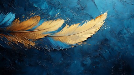 two golden feathers on a textured blue background.