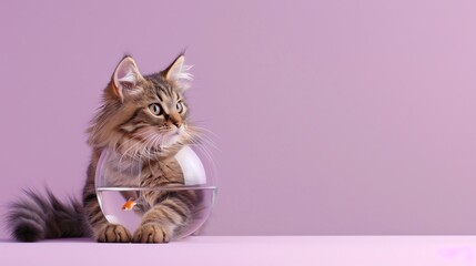 A cat sitting in front of a fish bowl, with a goldfish swimming inside, against a purple background.