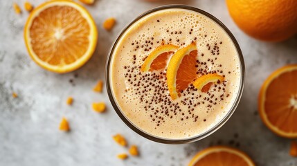 Orange milkshake with orange slices on a white background 