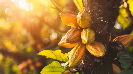 Closeup of ripe orange yellow cocoa fruit pods hanging on the Theobroma cacao tree in a tropical agricultural plantation  Cocoa beans inside the pod will be harvested and processed into chocolate