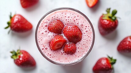 Wall Mural - Strawberry milkshake in a glass bowl with strawberries in it on a white background 