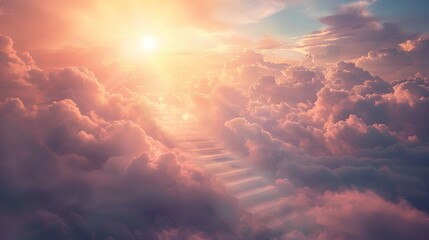 Wall Mural - Stairway Through Clouds Leading To Heavenly Light.