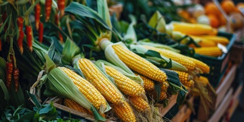 Canvas Print - Fresh corn on the cob displayed in green foliage in a market container