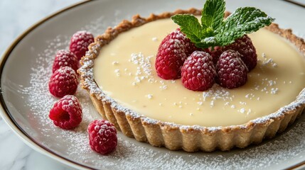 A white chocolate tart with a buttery crust, garnished with fresh raspberries and mint leaves, served on a dessert plate.