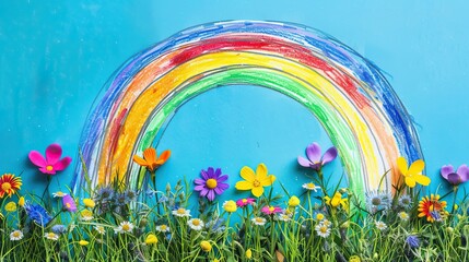 Colorful Hand-Drawn Rainbow with Blooming Flowers