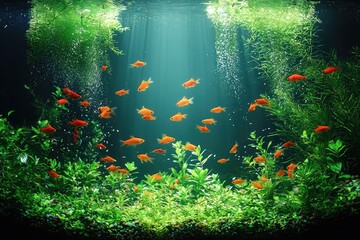 Vibrant underwater aquarium scene with colorful tropical fish and lush greenery