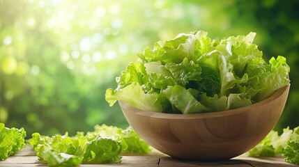 A wooden bowl filled with fresh Romaine lettuce, set against a green bokeh backdrop. The crispness of the leaves is highlighted, emphasizing the natural and healthy appeal.