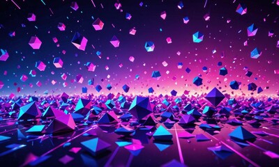 Wall Mural - an abstract background with a multitude of floating geometric shapes in various shades of purple, blue, and pink, illuminated with neon lighting to give a vibrant and modern feel.