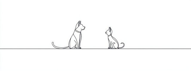 Dog cat line pet animal art continuous outline illustration drawing. Cat line simple dog icon silhouette background one sketch logo puppy vet companion doodle canine card business linear minimal.