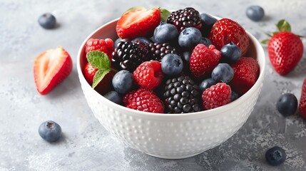 Wall Mural - A white bowl filled with fresh berries, including blueberries, raspberries, blackberries, and strawberries.