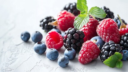 Wall Mural - A white bowl with a mix of fresh berries, including blueberries, raspberries, blackberries, and strawberries.