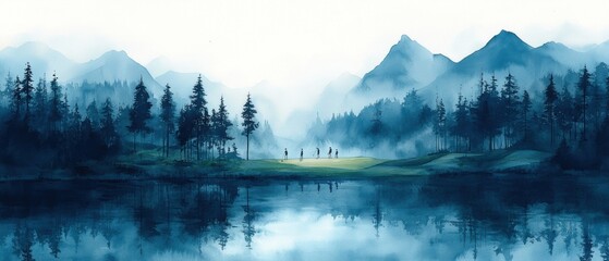 Watercolor Golfers Enjoying Friendly Match in Dreamy Misty Landscape