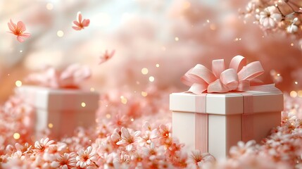 Two white gift boxes with pink ribbons sit on a bed of pink cherry blossoms in a soft, dreamy light.