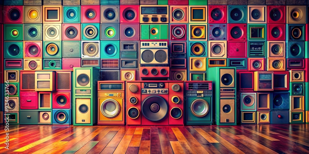 Colorful vintage audio sound system wall with retro speakers in a music ...