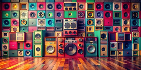 Colorful vintage audio sound system wall with retro speakers in a music room, featuring a boombox in 80s style