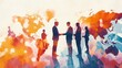 © WACHI - Silhouettes of business people shaking hands against a colorful world map, representing collaboration and global networking.