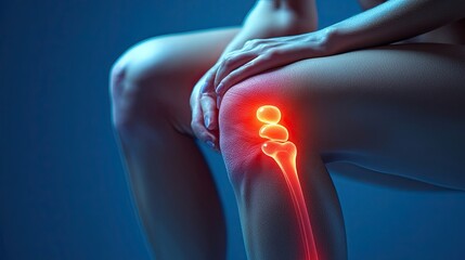 close-up of a person on a blue background who has bright red knees that show inflammation and pain in the joints.