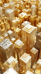 Poster - A cityscape made of gold and silver buildings. The buildings are tall and have a modern look. The city appears to be a futuristic metropolis