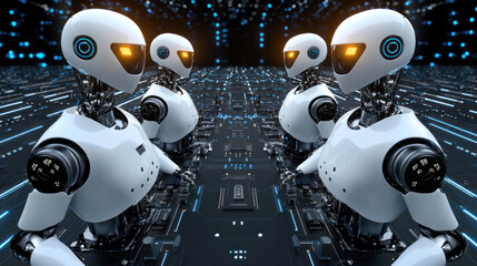 Poster - Four robots are standing in a room with a blue background. They are all white and have yellow eyes. The robots are all facing the same direction, and they appear to be in a line